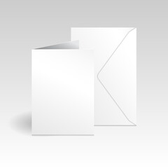 White vertical greeting card and envelope mockup template. Isolated on light gradient gray background with shadow.