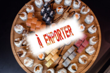 French text FOOD TO TAKE OUT or TAKEAWAY. Banner for cafe and restaurants operating with take away service during coronavirus quarantine