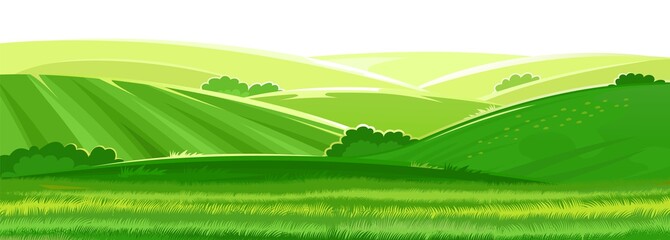 Rural hills. Scenery. Vector. Pasture grass for cows and a place for a vegetable garden and farm. Meadows and trees. Horizon. Beautiful view. Summer. © WebPAINTER-Std