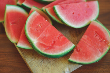 Bright red fresh watermelon slices top view.