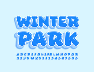 Vector seasonal logo Winter Park. Blue 3D Font. Playful Alphabet Letters and Numbers set