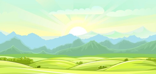 Obraz na płótnie Canvas Rural summer landscape. Nice view of the horizon. Fields, meadows and green grassy pastures. Bright sun with rays. Morning beautiful scenery. Vector