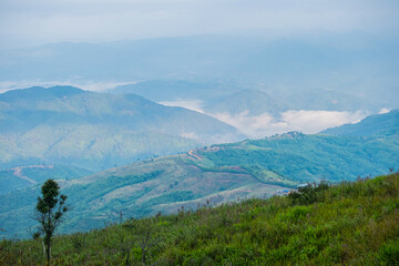 Beautiful Landscape of mountain layer in morning sun ray and winter fog at Doi Pha Hee