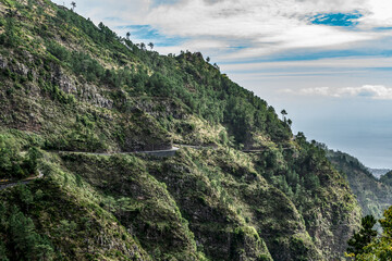 Panoramic mountains view from Eira do Serrado viewpoint on Madeira Island Portugal