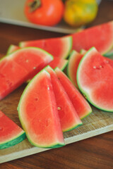 Bright red fresh watermelon slices top view.