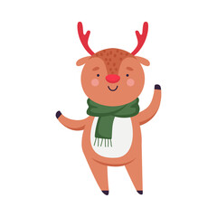 Reindeer with Antler in Warm Scarf as Christmas Character Waving Hoof Vector Illustration
