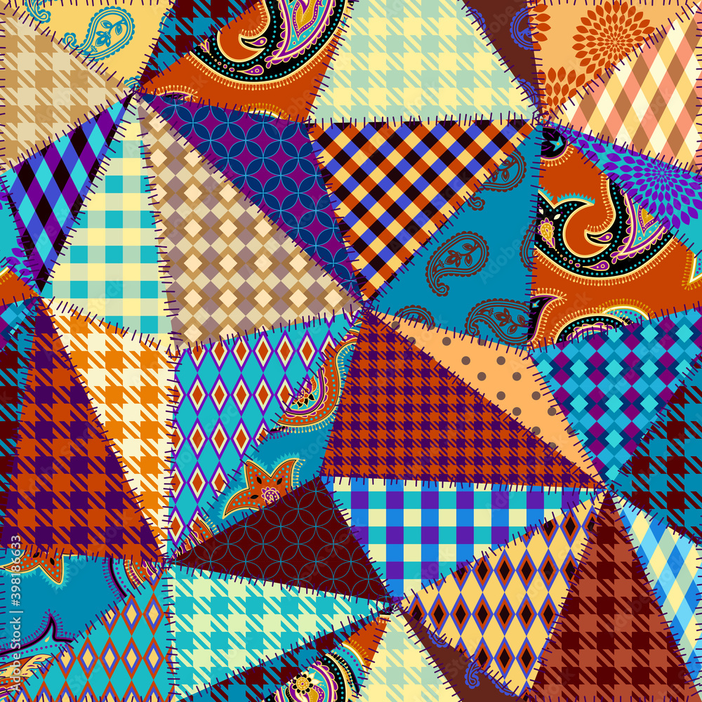 Poster Seamless background pattern. Textile patchwork pattern of triangles. Vector image
