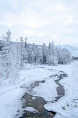Non-freezing creek in winter in the Republic of Sakha, Kolyma tract, Russian North