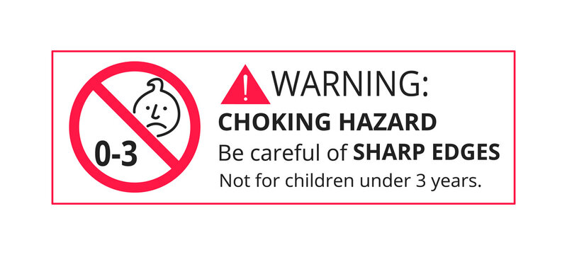 Choking hazard forbidden sign sticker not suitable for children under 3 years isolated on white background vector illustration. Warning triangle, sharp edges and small parts danger circle prohibition.