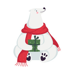 Polar Bear as New Year Character in Red Scarf Sitting with Wrapped Gift Box Vector Illustration