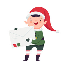 Fairy Elf in Red Hat and Striped Stocking Holding Big Envelope Vector Illustration