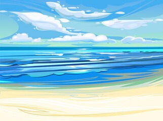 Naklejka na ściany i meble Sea coastal landscape. Flat style illustration. Sandy beach in the ocean, summer sky and distant horizon. Vector