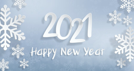Naklejka na ściany i meble 2021 Happy New Year. Christmas winter background for banner, greeting card, poster. Realistic paper cutouts font and snowflakes. Translation from Russian Happy New Year