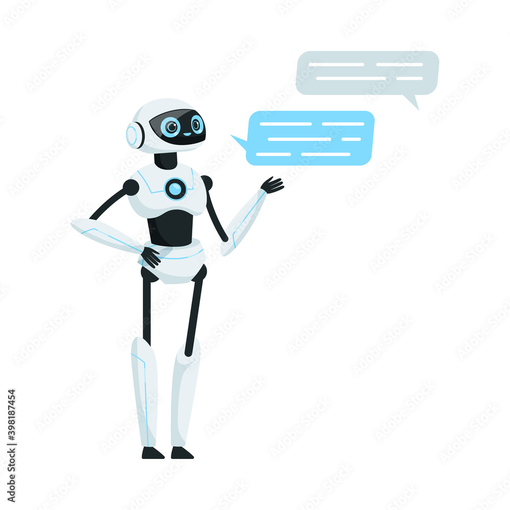 Aufkleber modern humanoid or robotic device with iron limbs sending message and communicating vector illustrat