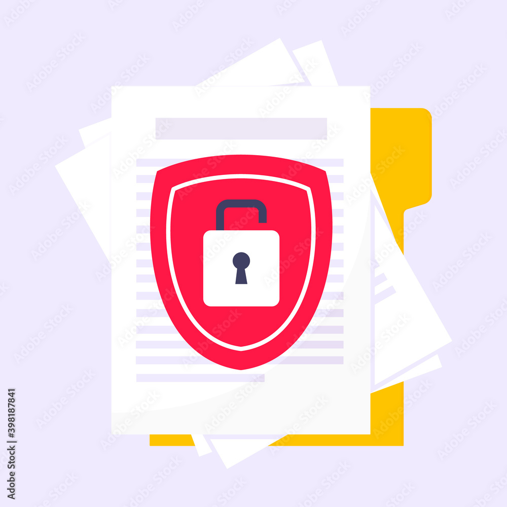 Wall mural privacy policy, safety lock and data protection metaphor. shield with padlock on the paper with pers