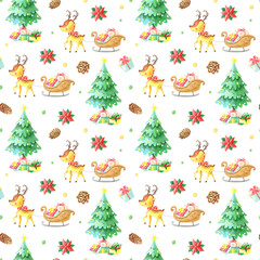 Christmas watercolor seamless pattern.Deer,Holly,sledge,Bullfinch,berry,green leaves,christmas tree,pine on white background.Hand-drawn Winter Botanical illustration