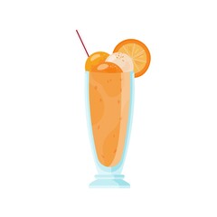 Glass of cold milkshake decorated with ice cream and orange slices. Summer refreshing fruit cocktail with straw. Flat vector cartoon illustration of sweet sorbet isolated on white background
