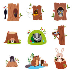 Cute Forest Animals Sitting in Burrows and Tree Hollows Vector Set