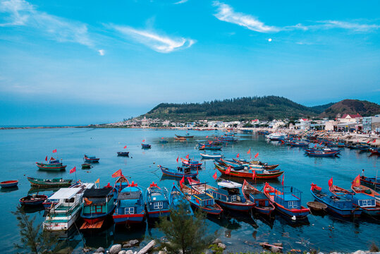 many colorful boat and fisher at Ly Son Island, Quang Ngai Province, Vietnam
