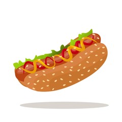 Tasty hot dog with salad leaves,  ketchup and mustard toppings. Vector isolated flat illustration fast food for poster, menus, brochure.