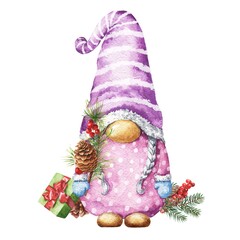 Cute watercolour Christmas gnome girl with fir branches and gift box on white background. Watercolor winter season illustration.