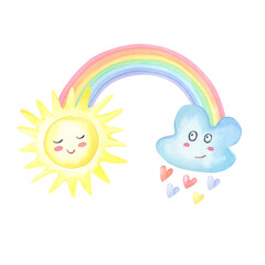 Watercolor rainbow,cloud with rain of hearts, sun on white background.Color realistic spectrum.Cute Watercolour illustration for print,greeting card,kids textile.