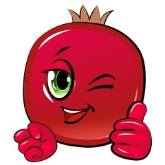 Pomegranate  cheerful smile. Juicy red  fruit with a muzzle. Cartoon style. Isolated over white background. Vector illustration. Winks.