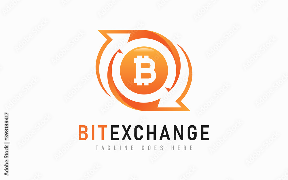 Poster bitcoin exchange logo design. abstract arrow and bitcoin symbol design usable for business, communit