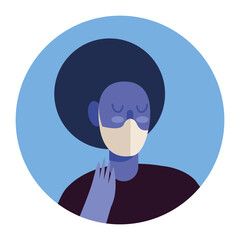 afro woman wearing medical mask protection in blue circular frame