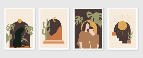 Tropical windows frame wall art vector.  Abstract arts design with couple , desert, sun and cactus, black jaguar sunset and monstera leaves background. Vector illustration 