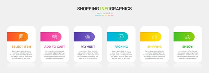 Concept of shopping process with 6 successive steps. Six colorful graphic elements. Timeline design for brochure, presentation, web site. Infographic design layout.