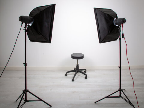 white empty photo studio room light interior for shooting models with professional photographer equipment