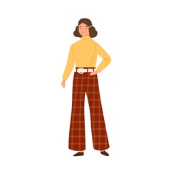 Young woman wearing hippie clothes in 70s decade style. Female character in retro flared trousers and fashionable turtleneck. Flat vector cartoon illustration isolated on white background
