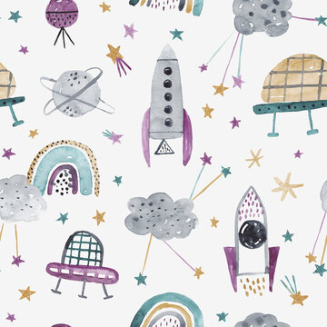 Childish seamless pattern with ufo , stars, planets, rainbows and clouds. Watercolor background.