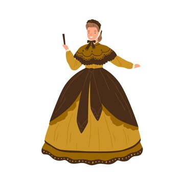 Young woman wearing old fashioned dress and hat decorated with ruffles in 19th century style. Female in elegant vintage garment holding fan. Flat vector cartoon illustration isolated on white