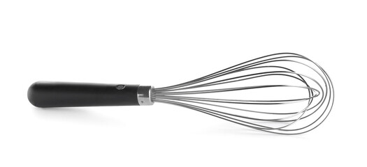 Stainless steel whisk on white background