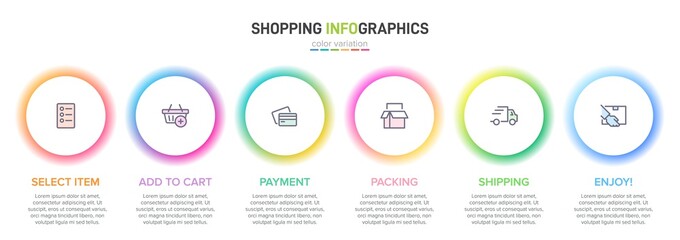 Concept of shopping process with 6 successive steps. Six colorful graphic elements. Timeline design for brochure, presentation, web site. Infographic design layout.