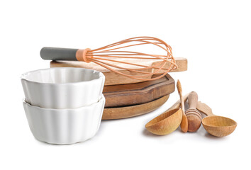 Set of kitchen utensils for bakery on white background