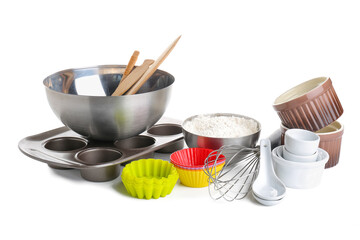 Set of kitchen utensils for bakery on white background