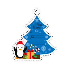 Christmas tree and penguin with gifts. Gift tag