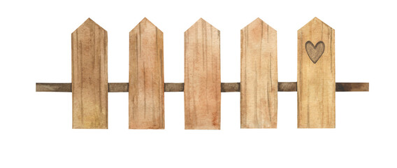 Wooden timber fence with a burnt heart in it. Sharp triangle planks for decoration. Isolated design element for festival, wedding, birthday, game design.
