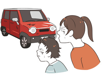 中古車の軽自動車を見る　ガッカリする親子