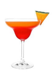 Glass of tasty pumpkin pie martini on white background