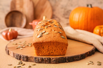 Tasty pumpkin pie on table