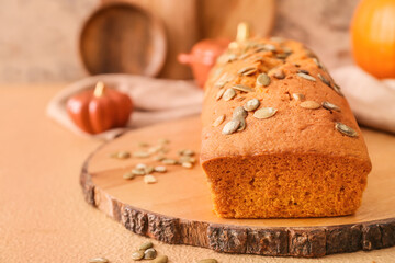 Tasty pumpkin pie on table
