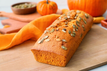Tasty pumpkin pie on table