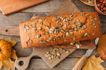 Tasty pumpkin pie on table