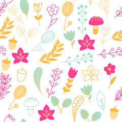 Vector floral pattern with flowers and leaves. Gentle, spring background. Vector illustration