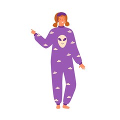 Young cheerful woman wearing cozy pajamas. Female character in comfortable cute homewear. Flat vector cartoon illustration of teenager in funny jumpsuit and with sleep mask isolated on white