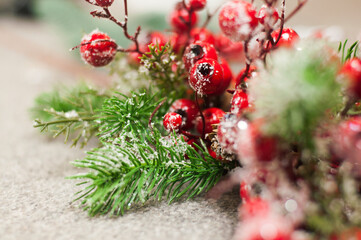 Christmas decoration. Spruce branch. Red fruits